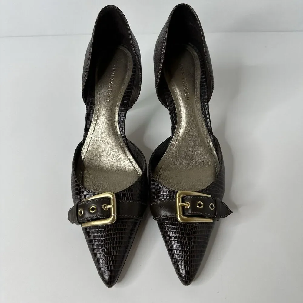 Ann Taylor D'Orsay Pumps 6M Brown‎ Snakeskin Pattern Buckle Pointed Toe 3" Heel - Picture 4 of 16